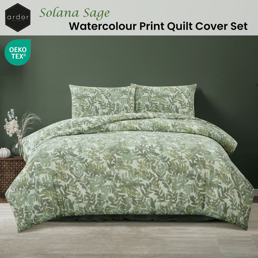 Ardor Solana Sage Watercolour Print Quilt Cover Set Queen