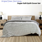 Ardor Striped Faux Fur Grey Super Soft Quilt Cover Set Queen - Front View
