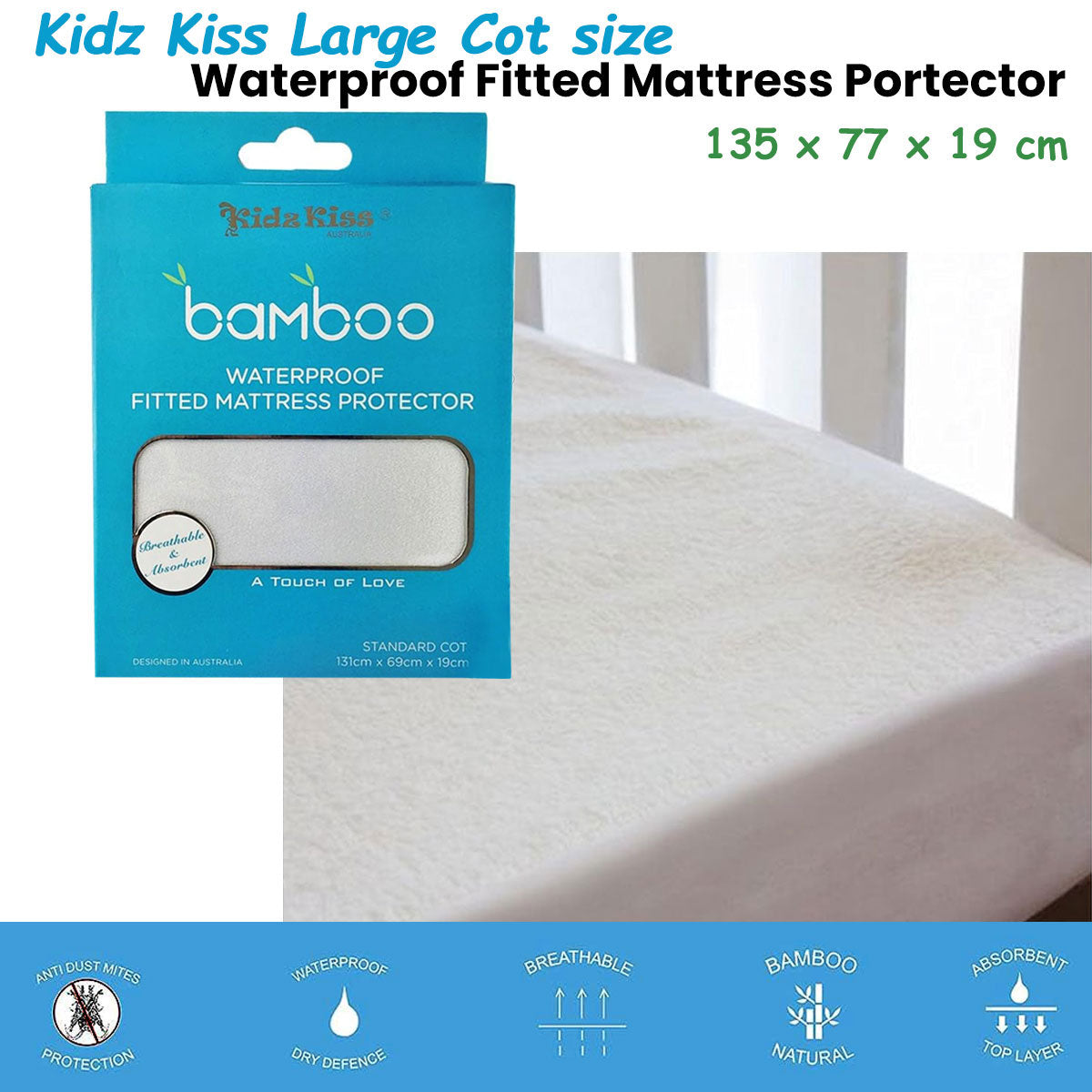 Bamboo Waterproof Fitted Mattress Protector for Large Cots - 135x77x19cm