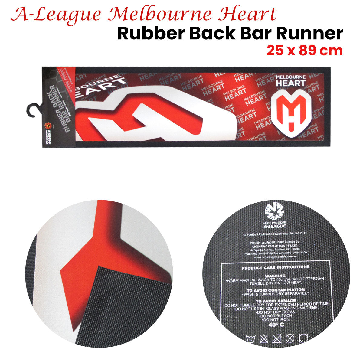 A-League Melbourne Heart Rubber Back Bar Runner 25 x 89 cm