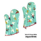 Set of 2 100% Cotton Printed Oven Mitts 34 x 15 cm Aqua Birds - Front View