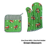 Set of 100% Cotton Printed Oven Mitt + Pot Holder Green Blossom - Front View