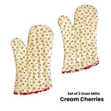 Set of 2 100% Cotton Printed Oven Mitts 34 x 15 cm Cream Cherries - Front View