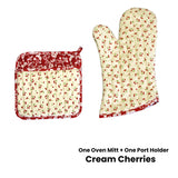 Set of 100% Cotton Printed Oven Mitt + Pot Holder Cream Cherries - Front View