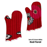 Set of 2 100% Cotton Printed Oven Mitts 34 x 15 cm Red Floral - Front View