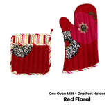 Set of 100% Cotton Printed Oven Mitt + Pot Holder Red Floral - Front View