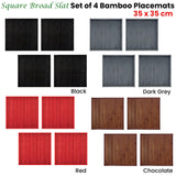Set of 4 Square Broad Slat Bamboo Table Placemats 35 x 35cm Black - Front View