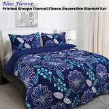 Ramesses Blue Flower Printed Sherpa Flannel Fleece Reversible Blanket Set Queen/King - Front View