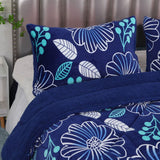 Ramesses Blue Flower Printed Sherpa Flannel Fleece Reversible Blanket Set Queen/King - Side View