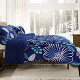 Ramesses Blue Flower Printed Sherpa Flannel Fleece Reversible Blanket Set Queen/King - Top-Down View