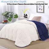 Shangri La Blue Depth Sherpa Fleece Reversible 3 Pcs Comforter Set Queen - Front View