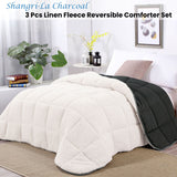 Charcoal & Cream Reversible Sherpa Fleece Comforter Set - 3 Piece Double Bedding Ensemble - Front View