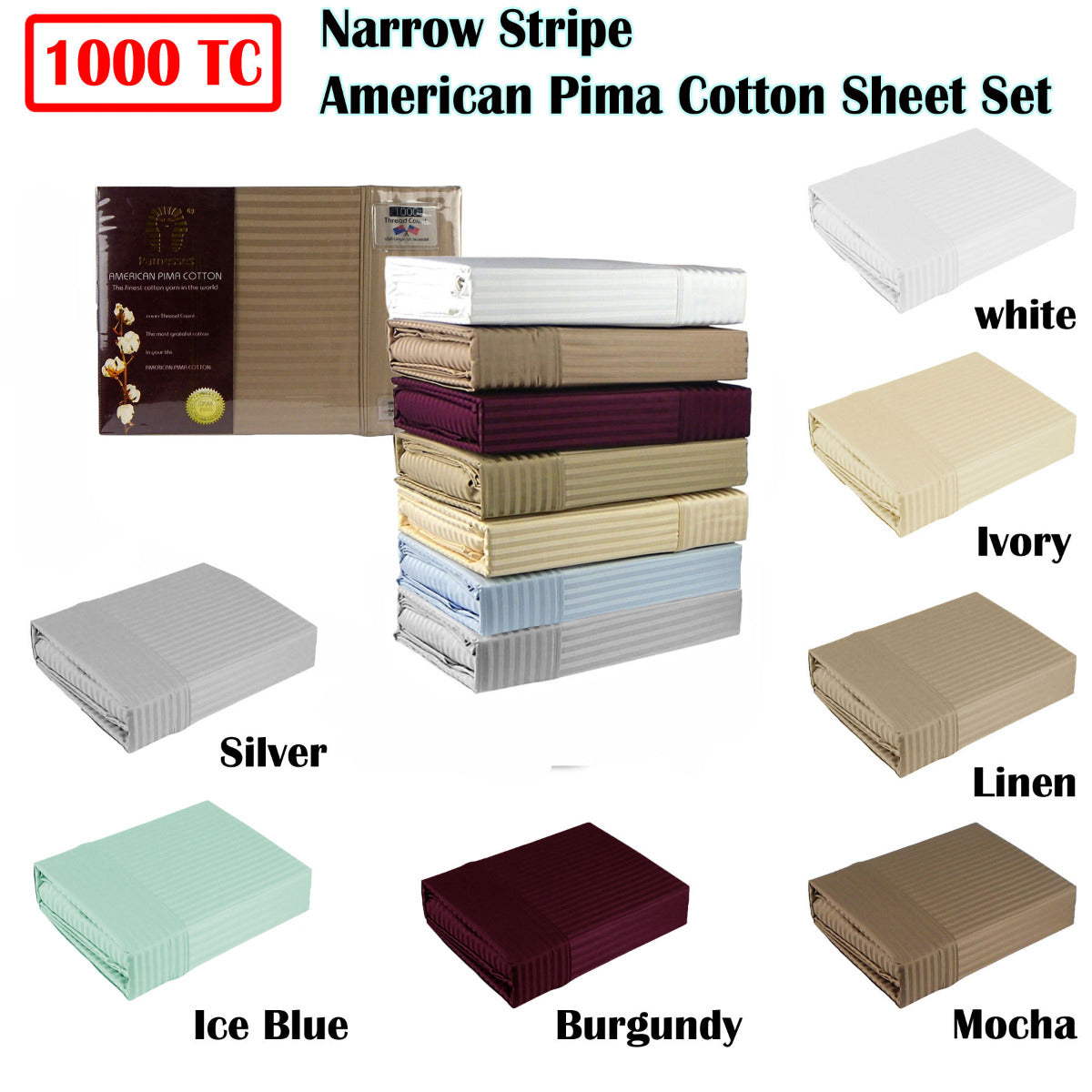 Ramesses 1000TC American Pima Cotton Narrow Stripe Sheet Set Linen Queen