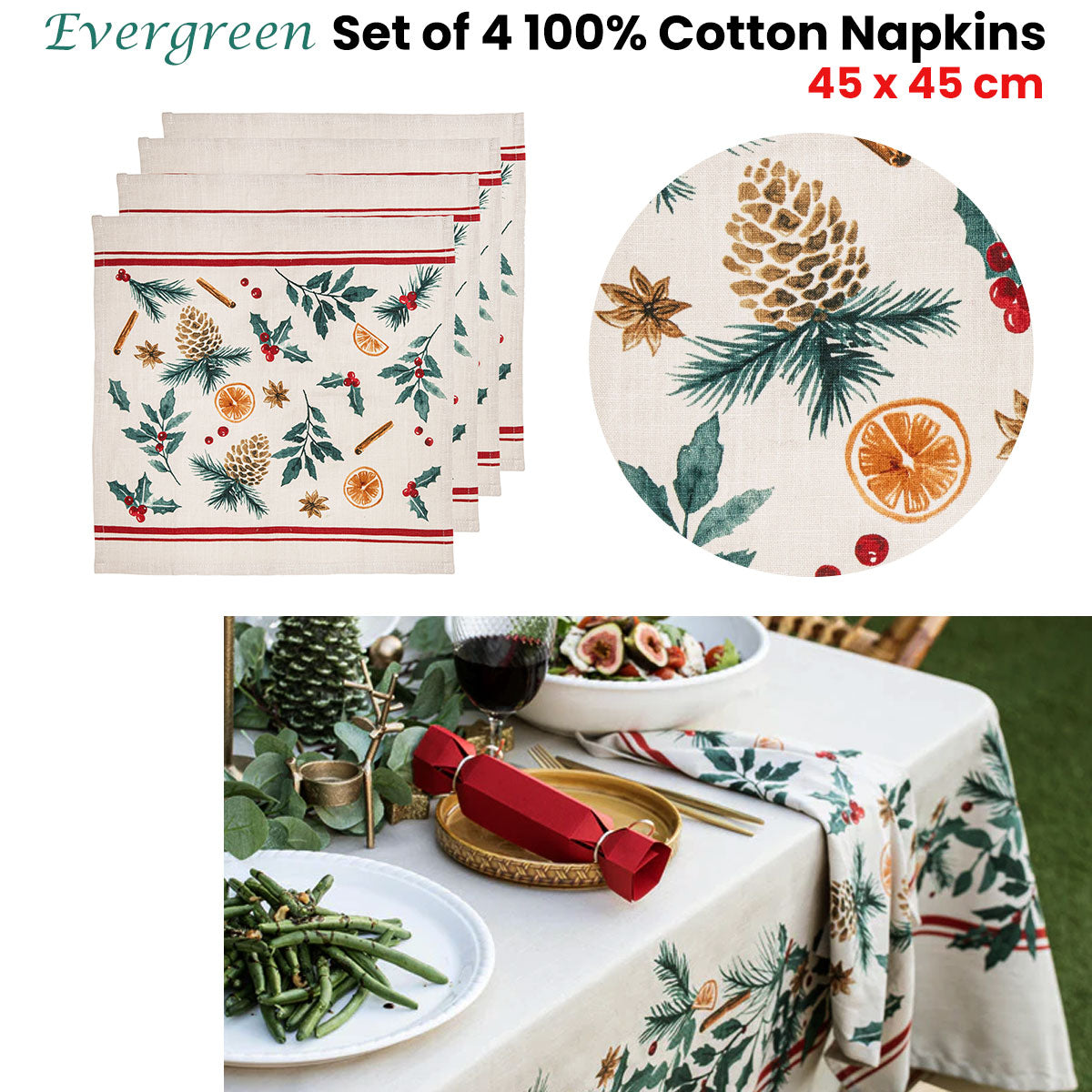 Ladelle Festive 4-Piece Evergreen Cotton Napkin Set - 45 x 45 cm