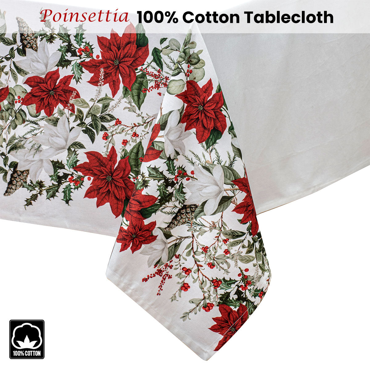 Elegant 100% Cotton Poinsettia Christmas Tablecloth for Holiday Dining - 150 x 300 cm