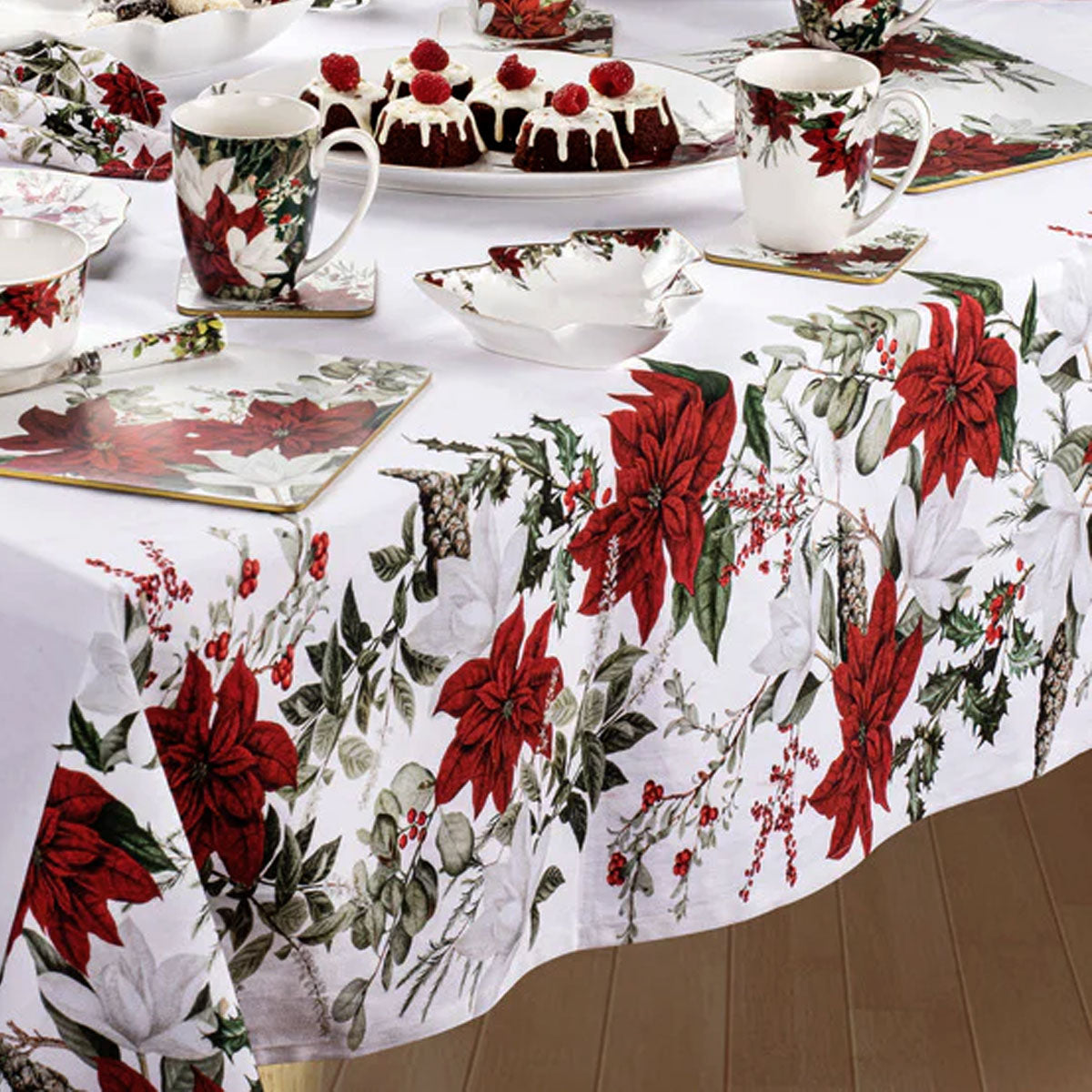 Elegant 100% Cotton Poinsettia Christmas Tablecloth for Holiday Dining - 150 x 300 cm