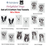 Set of 2 Delightful Dogs Cotton Kitchen Tea Towels 50 x 70 cm French Bulldog - Side View
