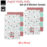 Ladelle Joyful Holly Jolly Christmas Set of 4 Cotton Kitchen Towels 45 x 70 cm - Front View