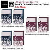 Ladelle Set of 4 Homespun Flower Cotton Kitchen Tea Towels 50 x 70 cm Denim