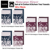 Ladelle Set of 4 Homespun Flower Cotton Kitchen Tea Towels 50 x 70 cm Mulberry - Front View