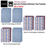 Ladelle Set of 4 Homespun Cotton Kitchen Tea Towels 50 x 70 cm Mulberry - Front View