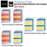 Ladelle Set of 6 Positano Stripe Cotton Kitchen Tea Towels 50 x 70 cm Red - Front View
