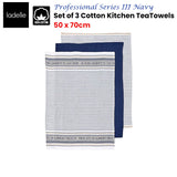 Ladelle Set of 3 Professional Series III Cotton Kitchen Tea Towels Navy 50 x 70 cm - Front View