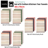 Ladelle Set of 6 Sanctuary Cotton Kitchen Tea Towels 50 x 70 cm Green - Front View