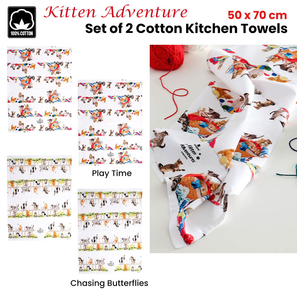 Kitten Adventures Cotton Kitchen Tea Towels Set - Chasing Butterflies (Set of 2)