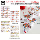 Kitten Adventures Cotton Kitchen Tea Towels Set - Chasing Butterflies (Set of 2)