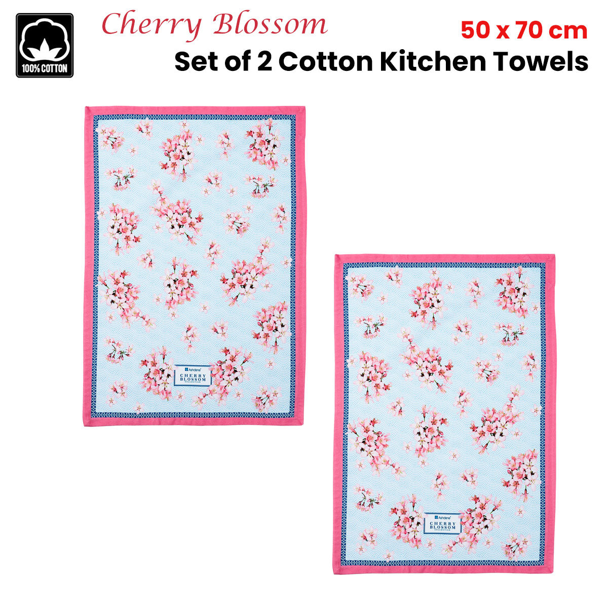 Cherry Blossom Elegance: Set of 2 Cotton Kitchen Tea Towels (50 x 70 cm)