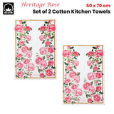 Heritage Rose Cotton Kitchen Tea Towels Set - Elegant Floral Design (50 x 70 cm) - Pack of 2 - Front View