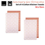 Ladelle Sanctuary Geo Terracotta Set of 4 Cotton Kitchen Towels 45 x 70 cm - Front View