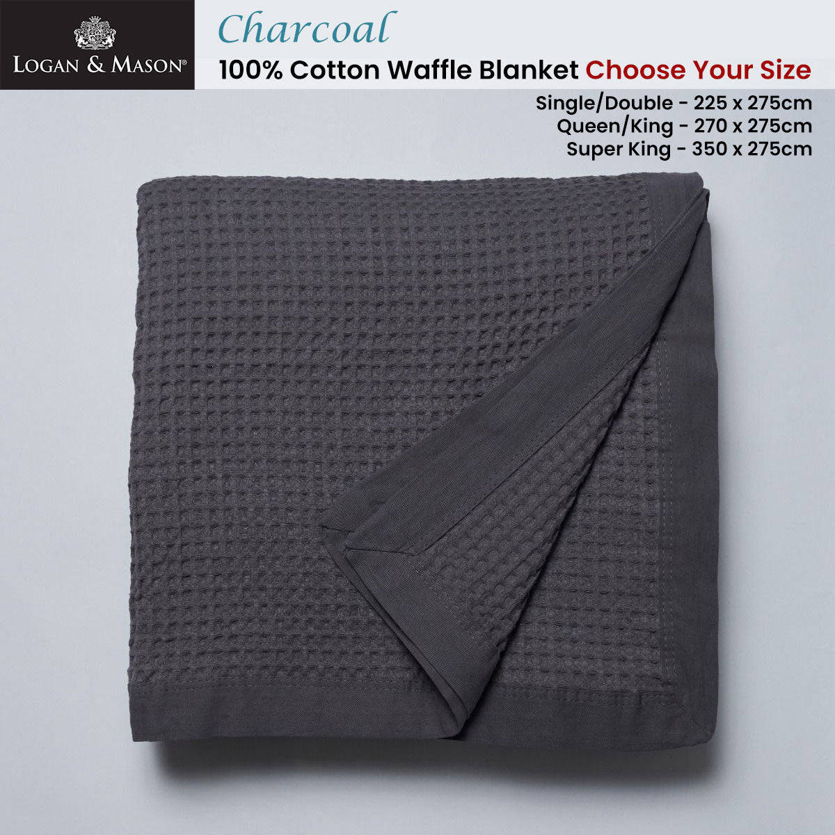 Logan and Mason Luxurious Charcoal Waffle Blanket - 100% Cotton, Single/Double Size