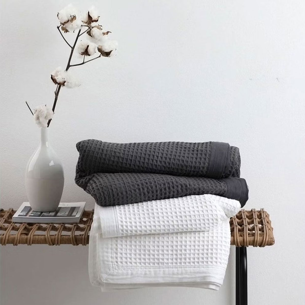 Logan and Mason Luxurious Charcoal Waffle Blanket - 100% Cotton, Single/Double Size