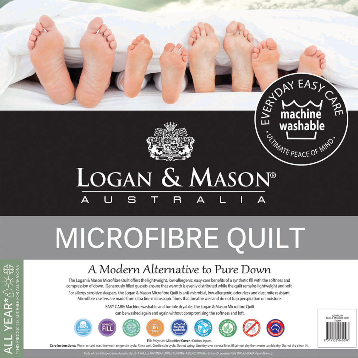 Logan and Mason 350GSM Hypoallergenic Microfiber Quilt with Cotton Cover - Double Size