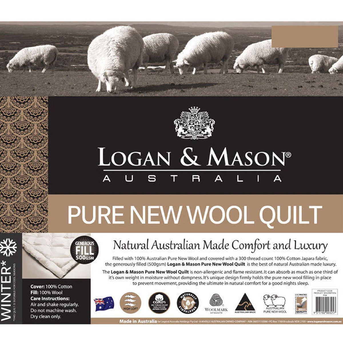 Logan and Mason Premium 500GSM Pure Wool Quilt - Queen Size Comfort