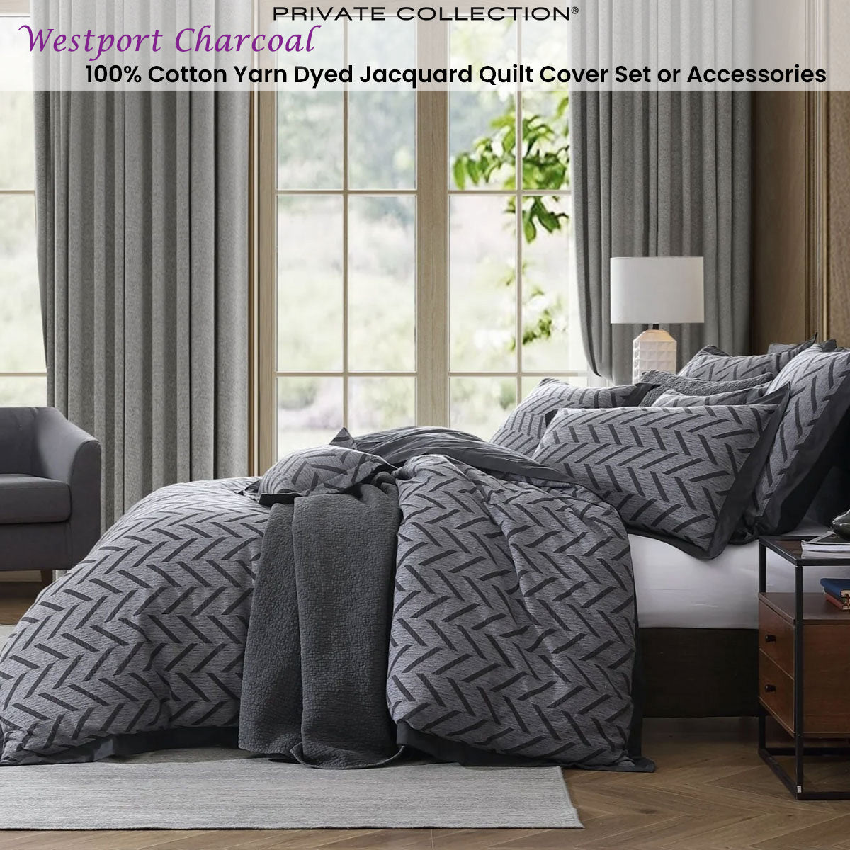 Westport Charcoal Herringbone Jacquard Queen Quilt Cover Set