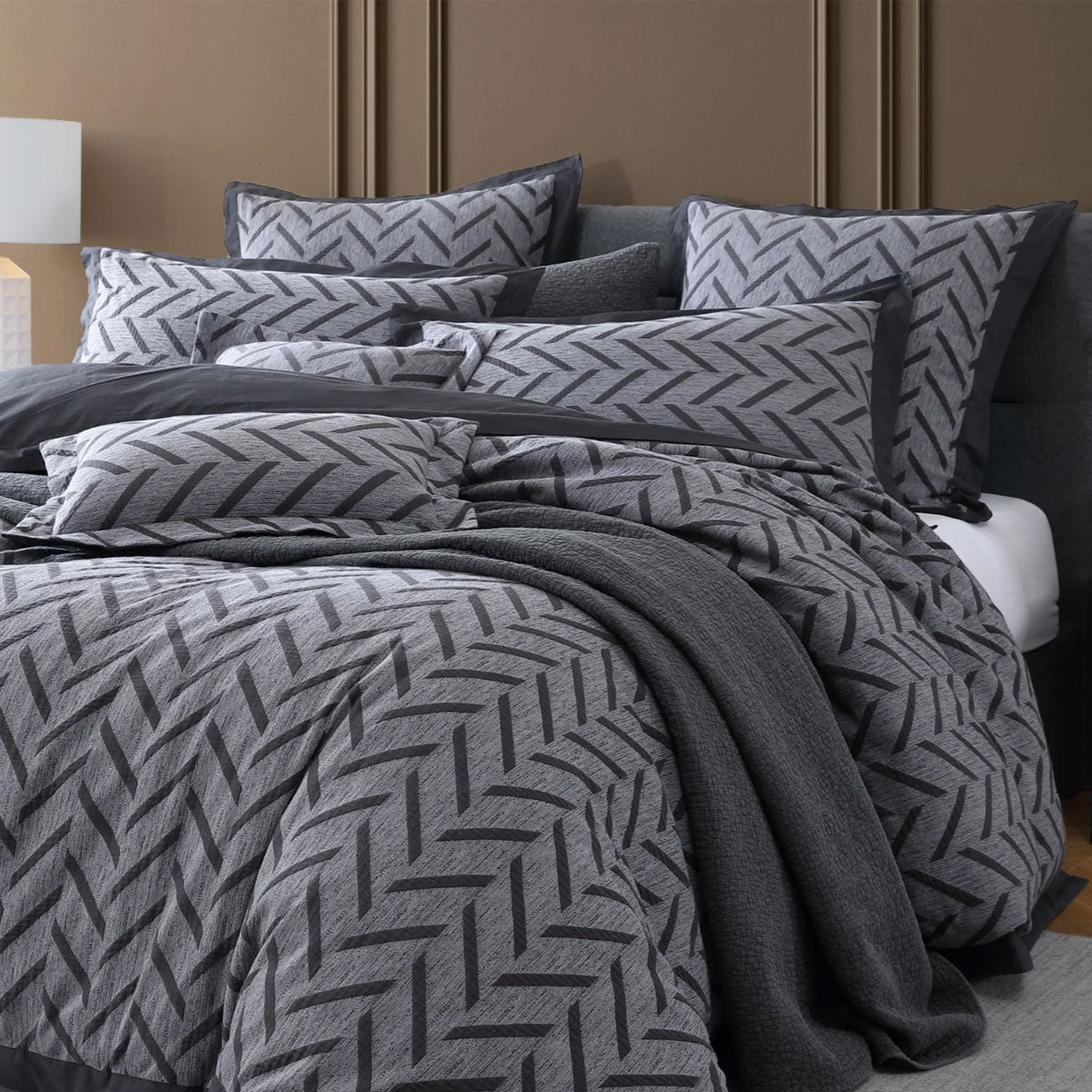 Westport Charcoal Herringbone Jacquard Queen Quilt Cover Set