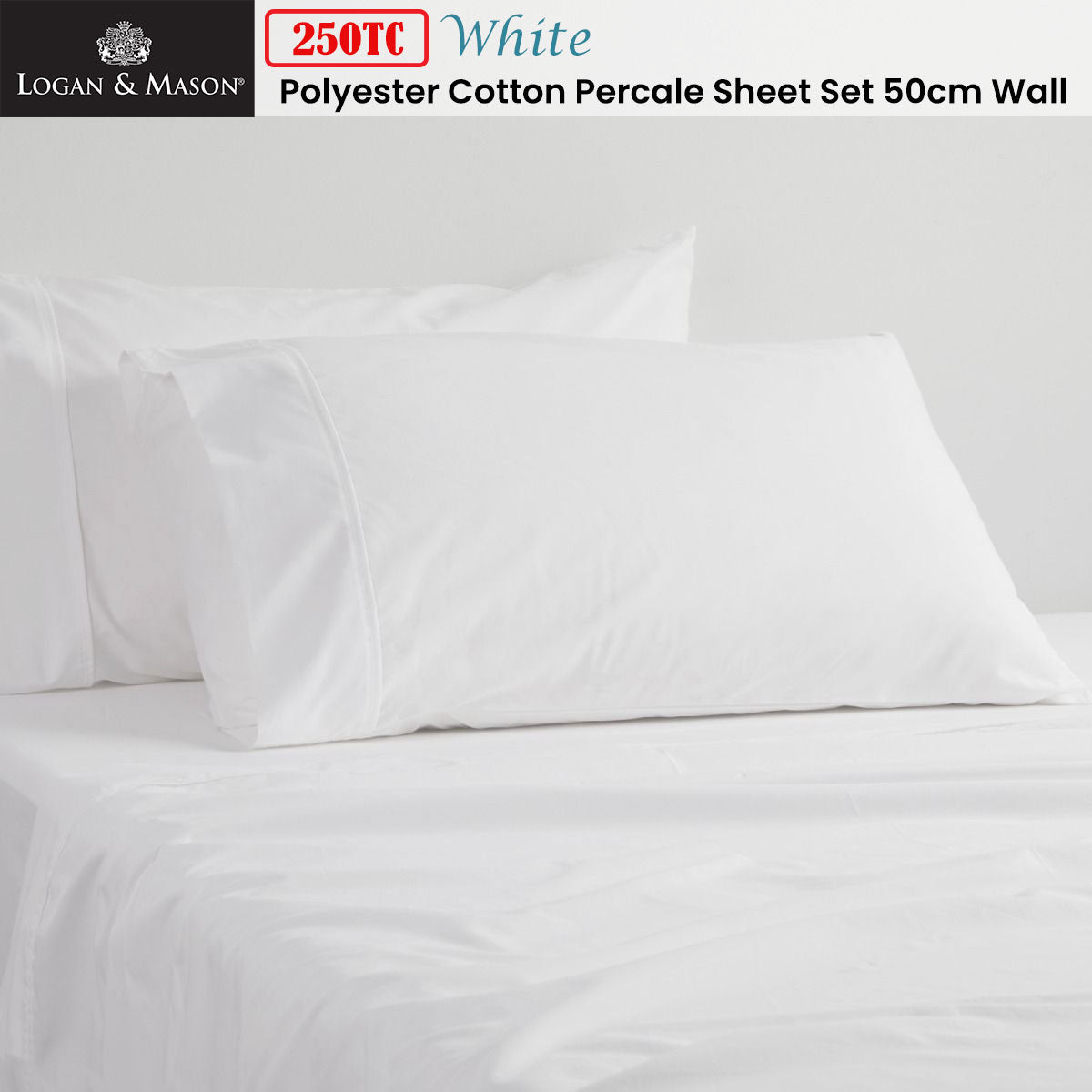 Logan and Mason 250TC Cotton-Polyester Percale White Sheet Set with 50cm Deep Fitted Sheets - Double Size