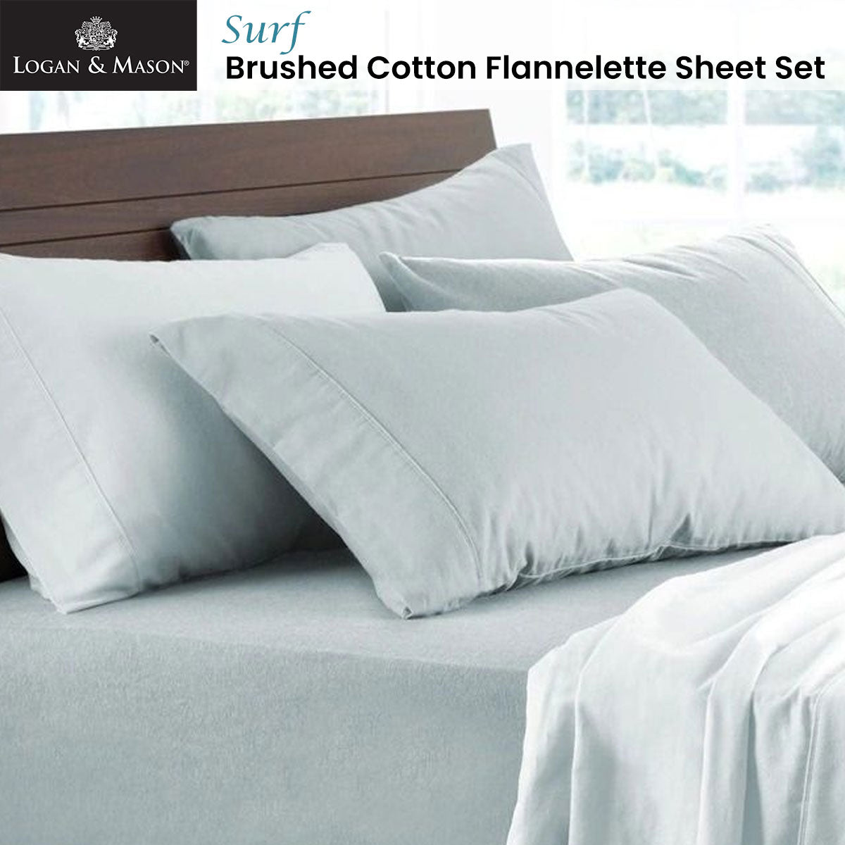 Logan and Mason Soft Brushed Cotton Flannelette Sheet Set in Surf with 40cm Deep Wall for King Size