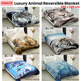800GSM Luxury Reversible Animal Pattern Mink Blanket Queen 200 x 240 cm Pretty Peacock Blue - Front View