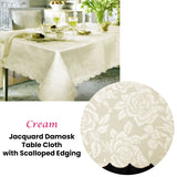 Jacquard Damask Design with Scalloped Edging Table Cloth Cream 150 x 220 cm - Front View