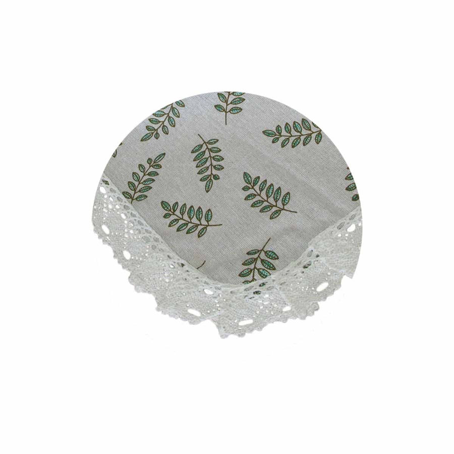 Leaf Printed Premium 60% Cotton 40% Linen Table Cloth with White Lace Edging 140 x 220 cm / 6 Seater