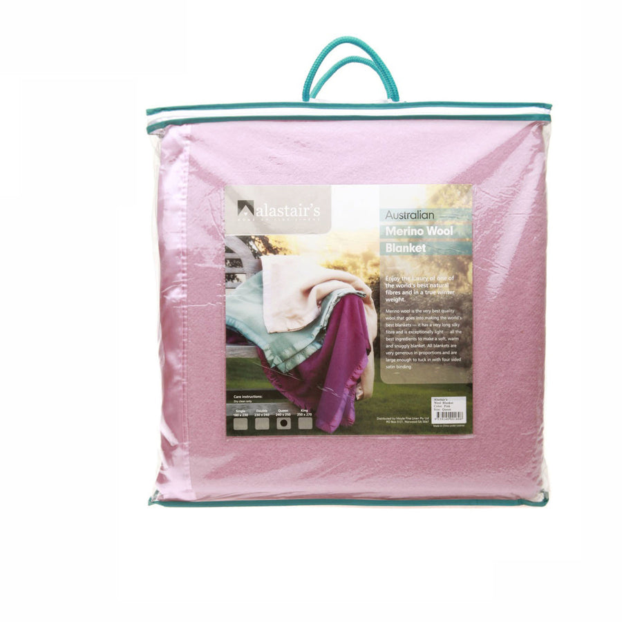 Alastairs 375GSM Australian merino wool blanket, Queen, pink