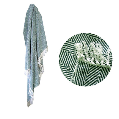 100% Cotton Fringe Throw Rug Blanket 125 x 150 cm, Chevron Green