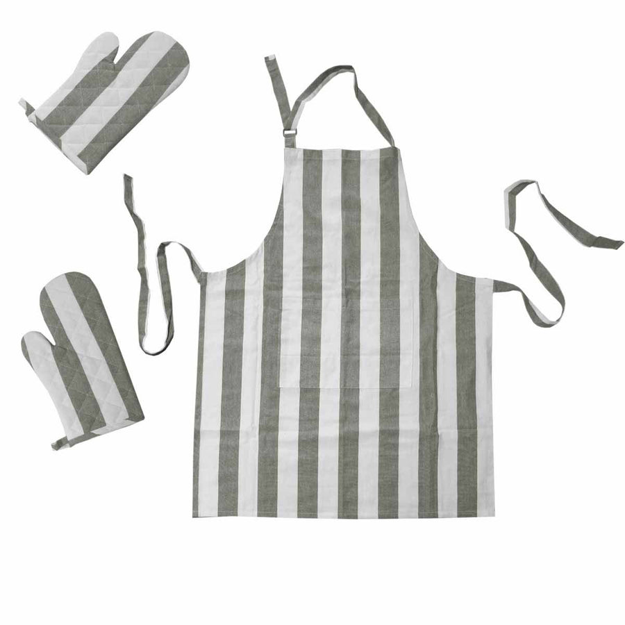 Rans Set of 3 Alfresco Stripe Cotton Apron & Oven Gloves Set Grey