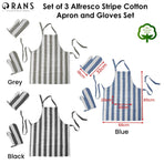 Rans Set of 3 Alfresco Stripe Cotton Apron & Oven Gloves Set Grey