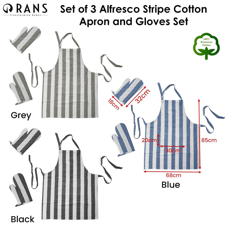 Rans Set of 3 Alfresco Stripe Cotton Apron & Oven Gloves Set Grey
