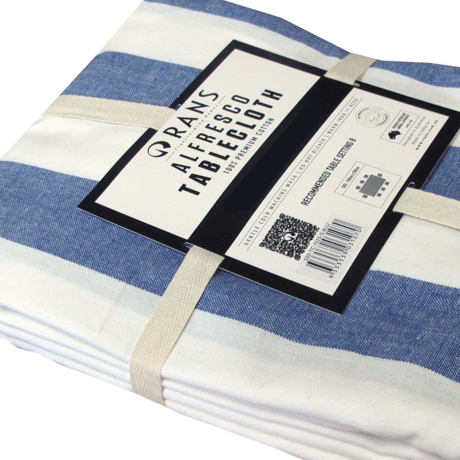 Rans Blue Alfresco Stripes Cotton Tablecloth - Choose from 2 sizes 150cm x 250cm